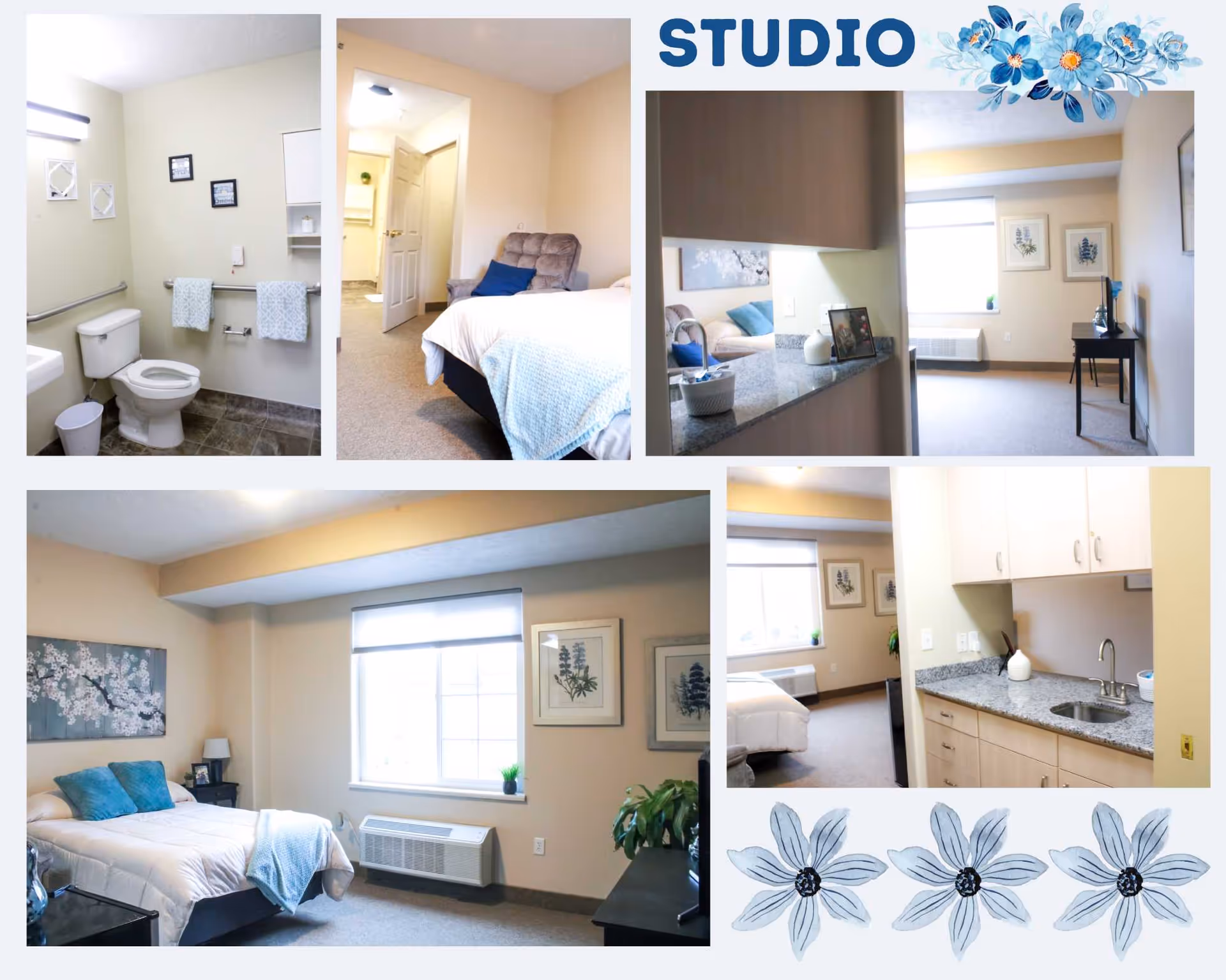 Collage of images showing a studio apartment at Southgate Senior Living, including a bathroom with toilet and sink, a bedroom with a bed and armchair, a small kitchenette with sink and cabinets, and a living area with a window, artwork, and furniture. The collage is decorated with blue floral graphics and the word 'STUDIO' at the top.