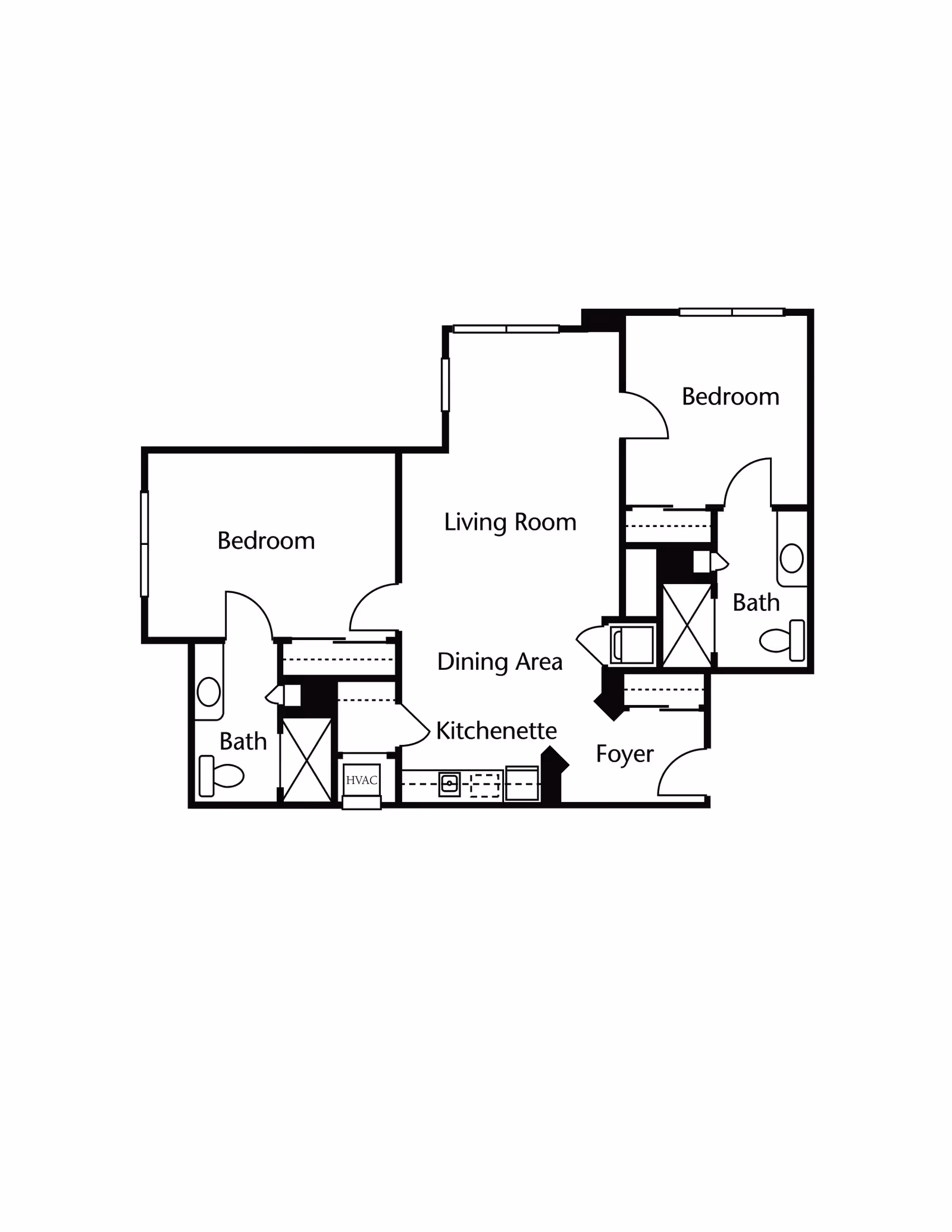 Floor plan layout showing two bedrooms, two bathrooms, a living room, dining area, kitchenette, and foyer.