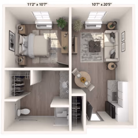 Top-down floor plan of a one-bedroom apartment showing a bedroom, bathroom, kitchen, dining table, and living area.