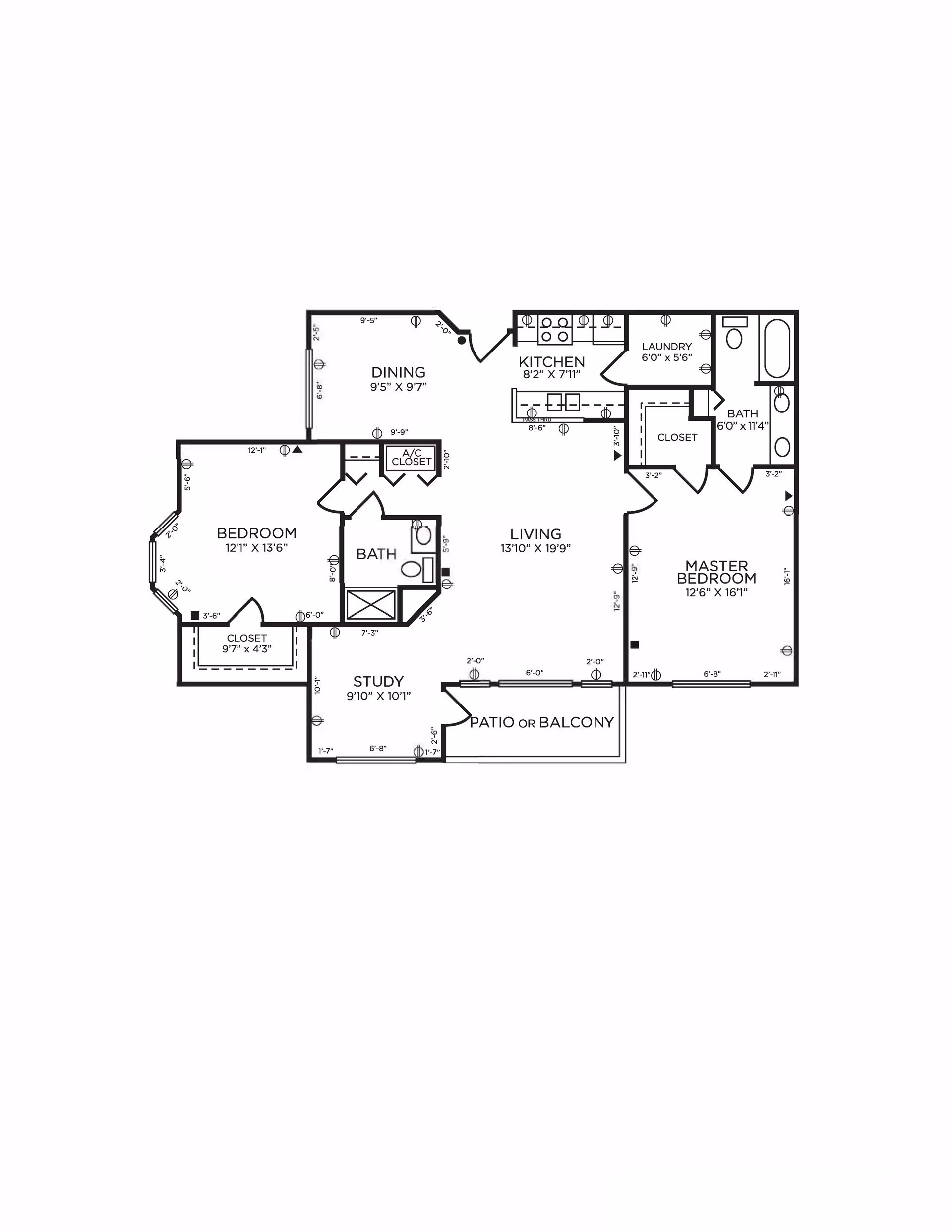 Architectural floor plan of a residential unit showing rooms including a master bedroom with attached bath and closet, a second bedroom with closet, a study, a living room, a dining area, a kitchen, a laundry room, a second bath, and a patio or balcony.