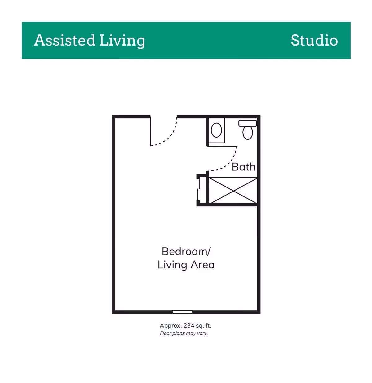 Floor plan of a studio assisted living unit at Sycamore Trace showing a combined bedroom and living area with an attached bathroom. The total area is approximately 234 square feet.