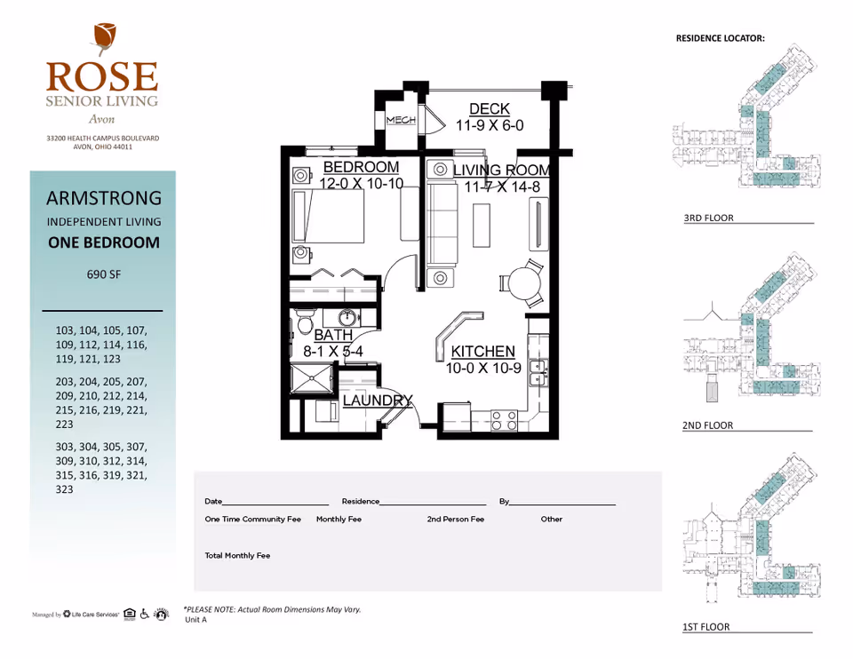 One-bedroom floor plan for Rose Senior Living Avon labeled 'Armstrong' showing bedroom, living room, kitchen, bath, laundry, deck, dimensions, and building locator maps.