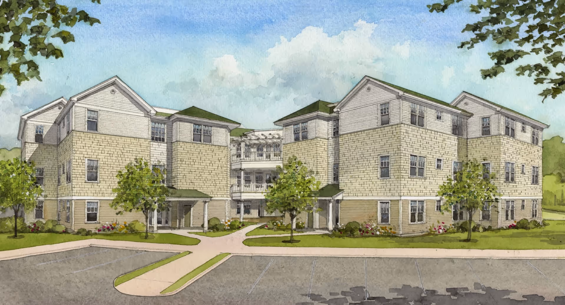 Watercolor-style illustration of a three-story senior living building with landscaped grounds and a front parking area.