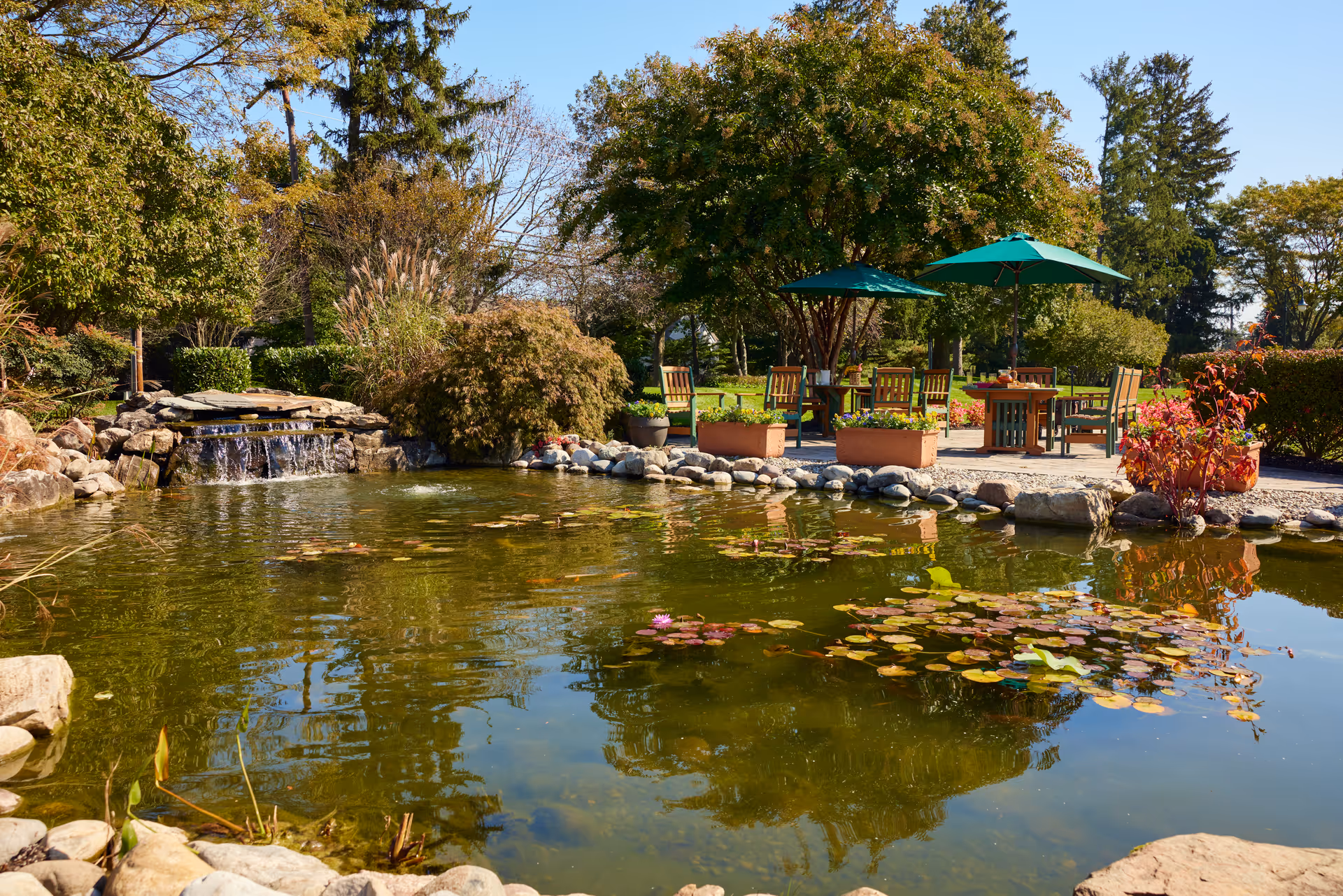 A serene outdoor garden area featuring a pond with lily pads and a small waterfall. Surrounding the pond are rocks and lush greenery, with trees and shrubs in the background. There are several wooden tables and chairs with green umbrellas providing shade on a paved patio area.