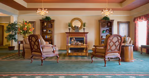A formal lounge with upholstered armchairs arranged around a fireplace, decorative shelving, plants, and chandeliers.