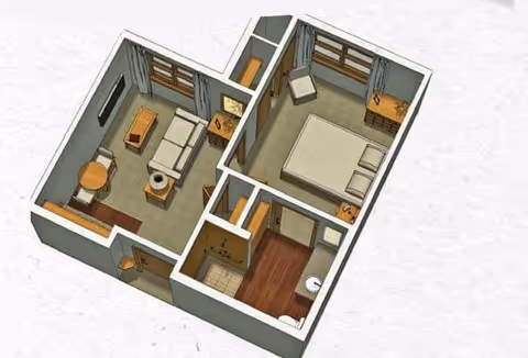 3D floor plan of a small apartment unit showing a living room with sofa, coffee table, side table, and round dining table with chairs; a bedroom with a bed, nightstands, dresser, and chair; a bathroom with a toilet and sink; and an entryway with closet space.