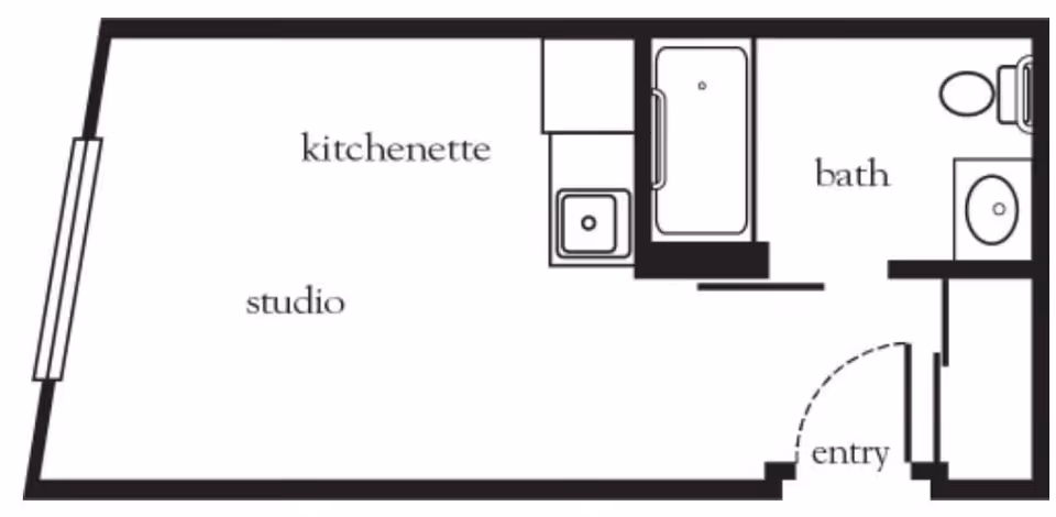 Floor plan of a studio apartment at Encino Terrace Senior Living showing a kitchenette, studio area, bathroom with bathtub, toilet, and sink, and an entry door.