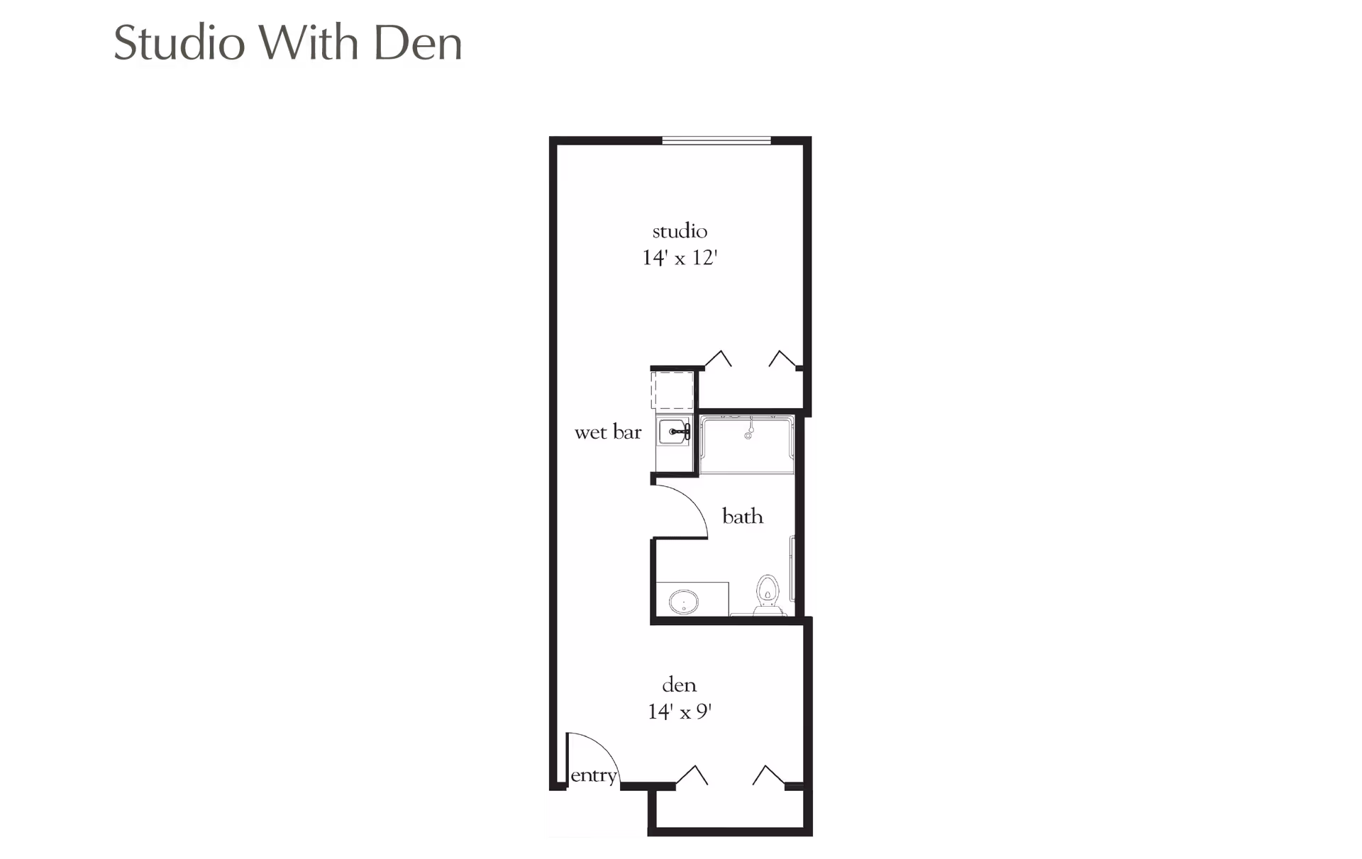 Floor plan of a studio apartment with a den, showing a studio area measuring 14 feet by 12 feet, a den measuring 14 feet by 9 feet, a bathroom, a wet bar, and an entry door.
