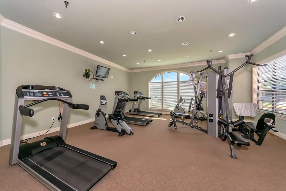 A fitness room with various exercise equipment including a treadmill, stationary bikes, weight machines, and two large windows allowing natural light to enter. The walls are painted light green and the floor is carpeted in brown.