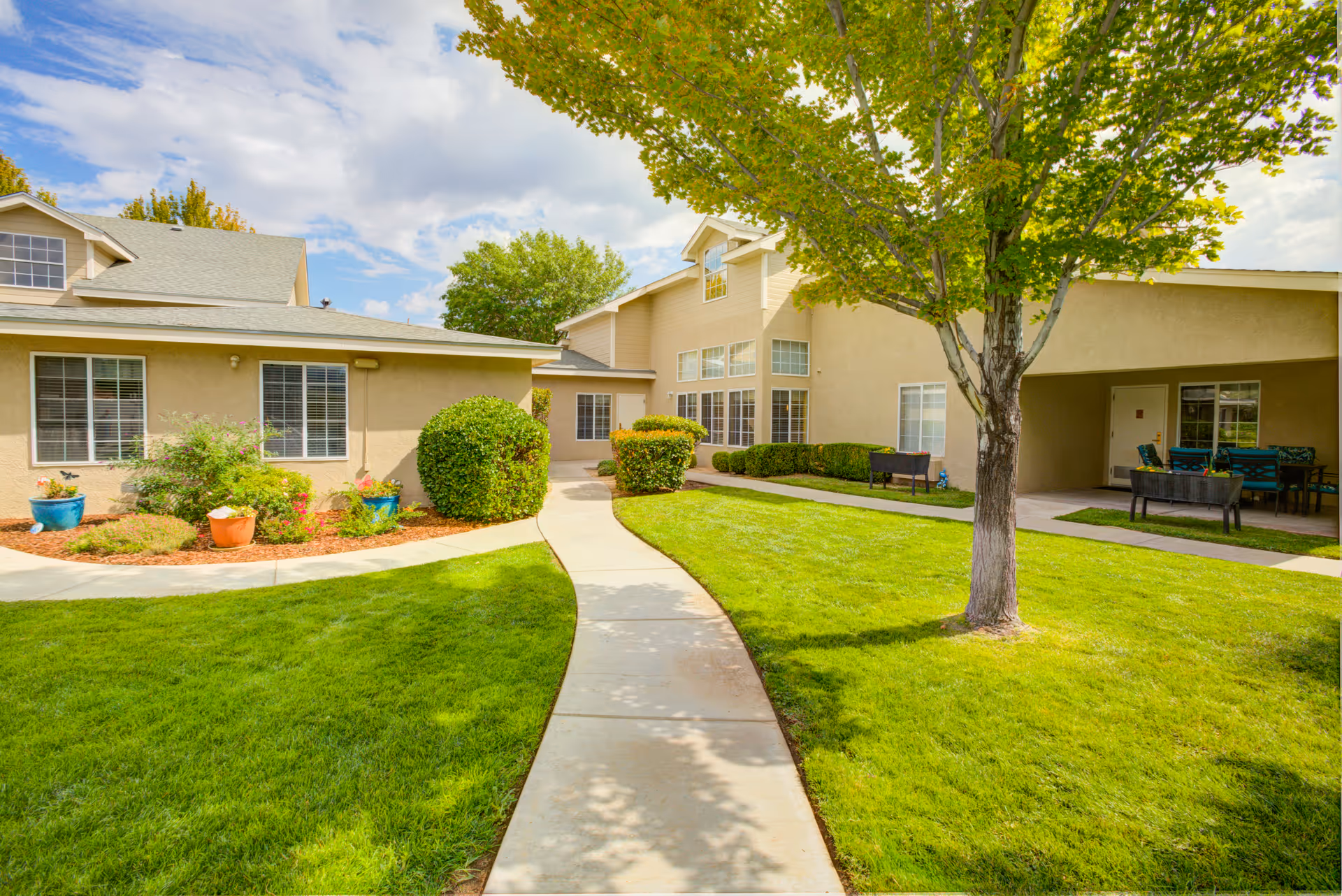 A sunny outdoor courtyard area at Avista Senior Living Albuquerque featuring a concrete walkway curving through a well-maintained green lawn with bushes and potted plants. The beige building surrounds the courtyard with large windows and a covered patio area furnished with tables and chairs. A tree with green leaves stands prominently on the right side of the walkway.
