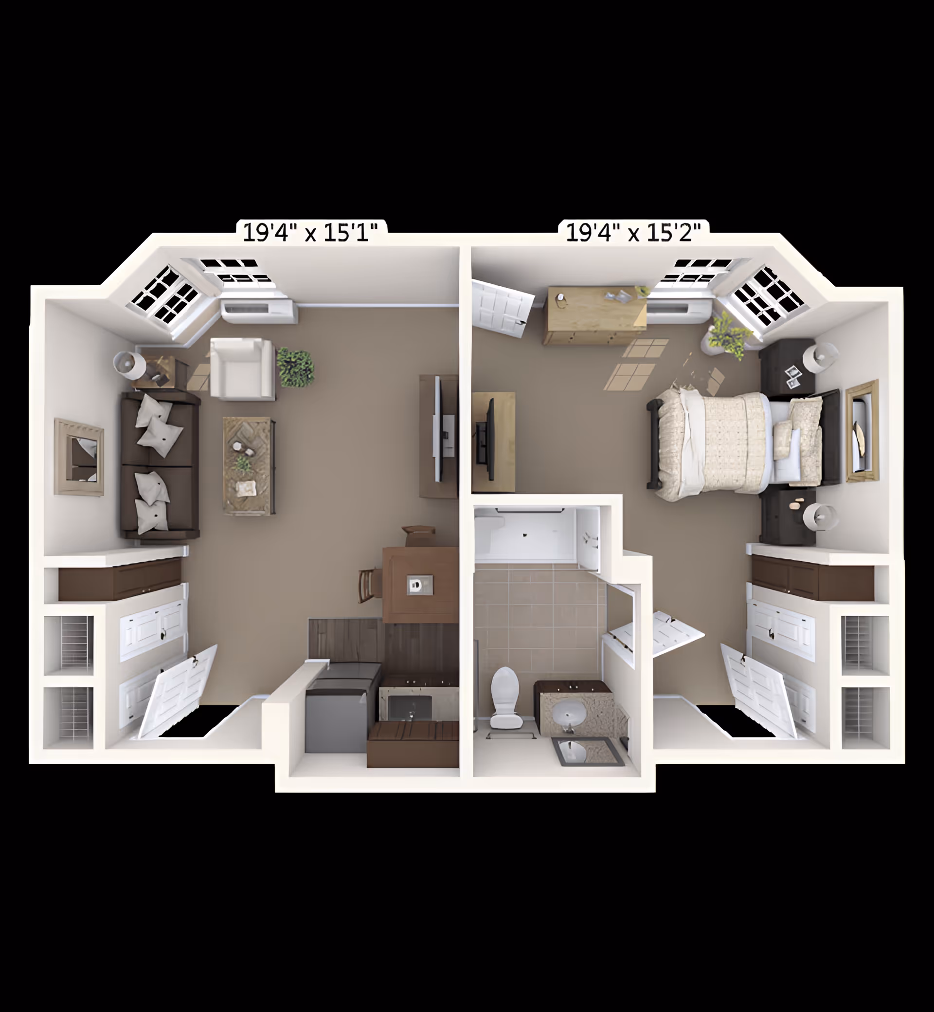 3D floor plan of a senior living apartment showing a living room with sofa, armchair, coffee table, TV, and dining table; a kitchen area; a bedroom with a bed, dresser, and nightstands; and a bathroom with a toilet, sink, and shower. Dimensions of the living room and bedroom are labeled.