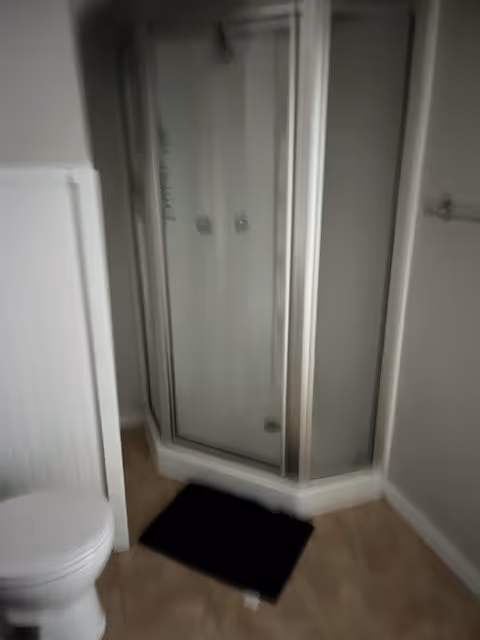 A small bathroom featuring a corner glass shower enclosure with metal framing, a white toilet, and a black floor mat placed in front of the shower. The walls are light-colored, and the floor has beige tiles.