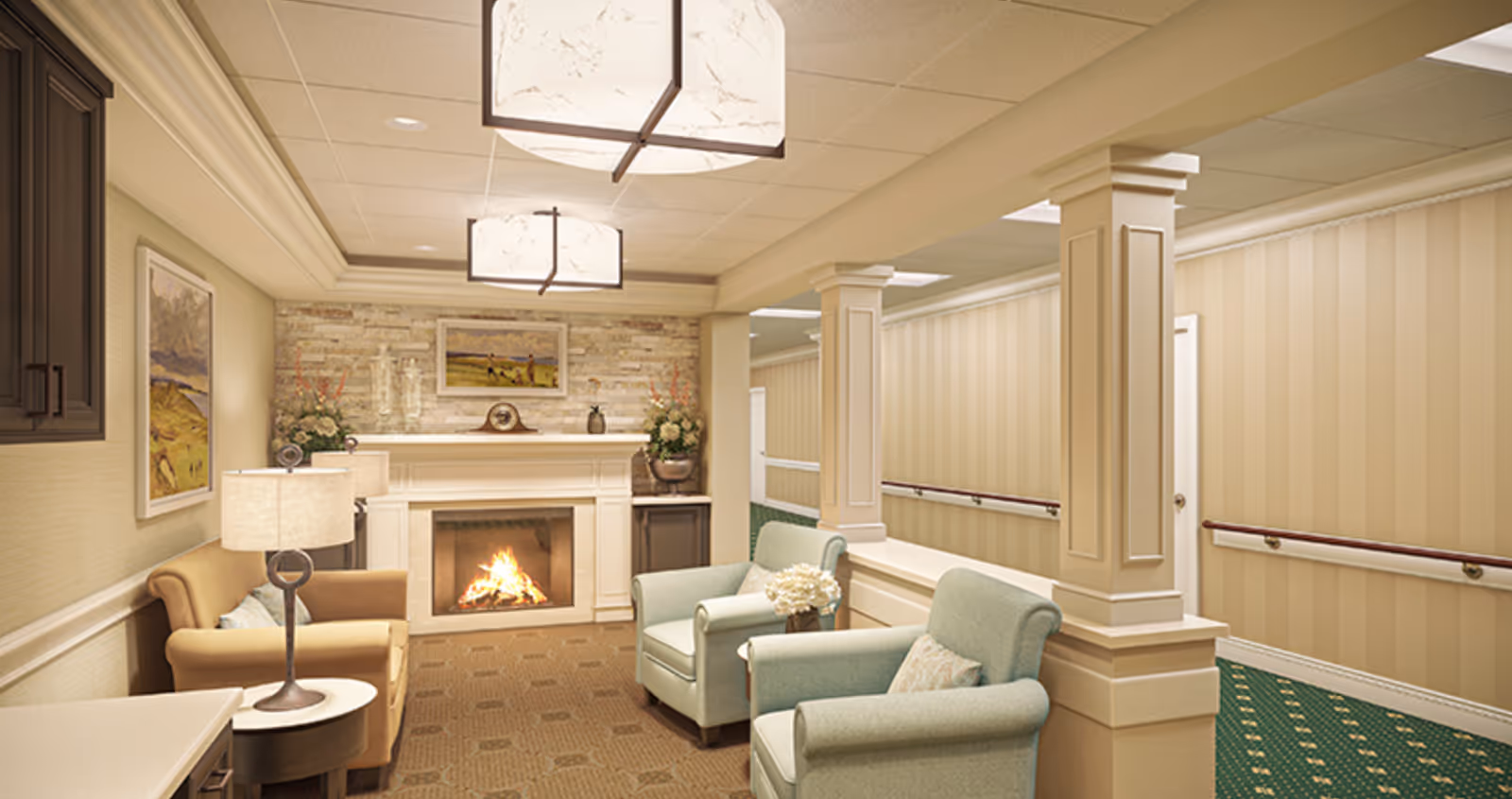 Cozy lounge area with a lit fireplace, upholstered armchairs and sofa, lamps, and decorative columns.