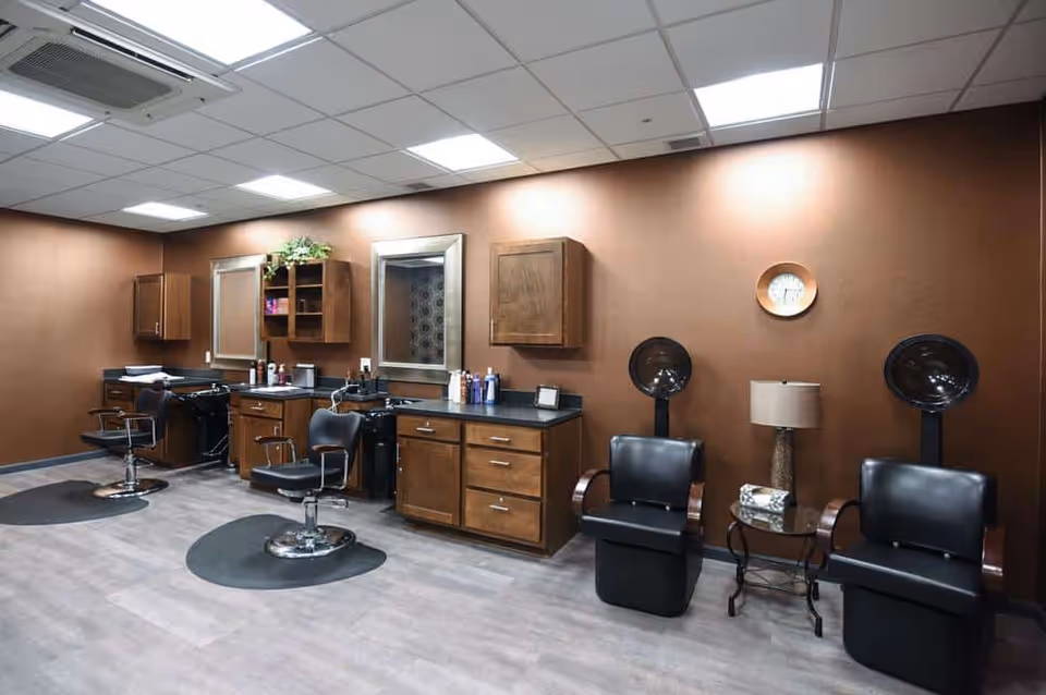 Interior salon area with styling chairs, sinks, mirrors and hooded hair dryers along a brown wall.