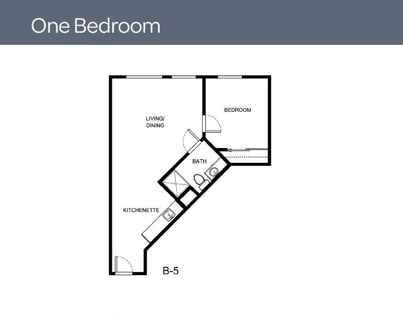 Black-and-white floor plan diagram of a one-bedroom apartment labeled B-5 showing a living/dining area, kitchenette, bathroom, and bedroom.