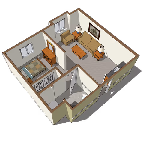 3D floor plan of a small living space showing a bedroom with a bed and dresser, a living room with a sofa, armchair, coffee table, side tables with lamps, and a bathroom with a toilet and sink.