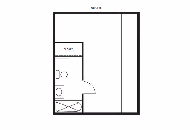 Floor plan labeled Suite B showing a layout with a closet, bathroom including a toilet, sink, and bathtub, and an open main room area.