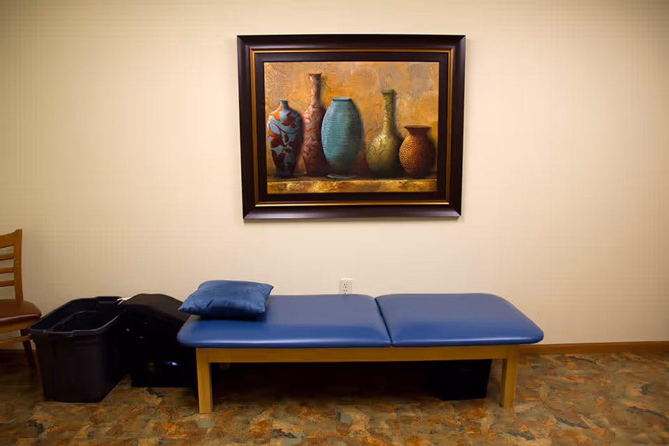 A room with a blue padded bench or examination table with a blue pillow on it, a wooden chair to the left, and a large framed painting of five decorative vases hanging on a beige wall above the bench. The floor has a patterned carpet.
