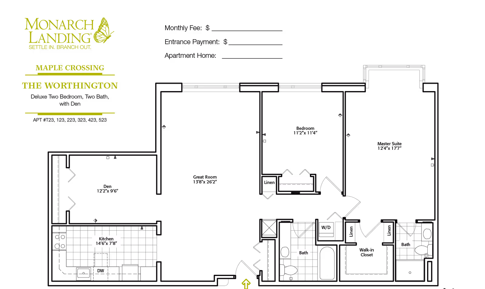 Floor plan layout of a residential unit named The Worthington at Monarch Landing, showing rooms including a kitchen measuring 14'6" by 7'8", two bathrooms, and other living spaces.