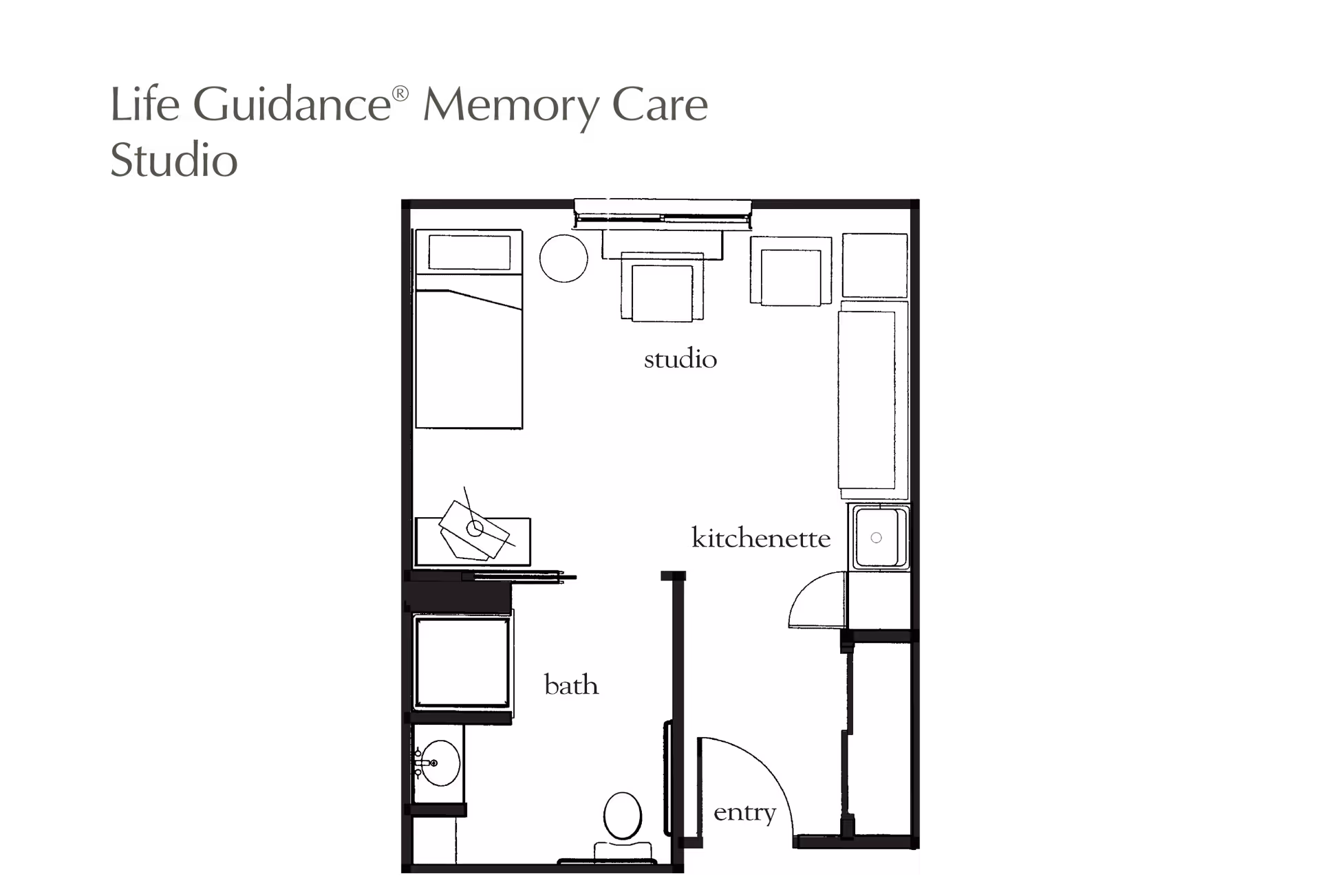 Floor plan of a Life Guidance Memory Care Studio apartment showing a studio area with a bed, chair, and sofa, a kitchenette with a sink, a bathroom with a toilet and sink, and an entry door.