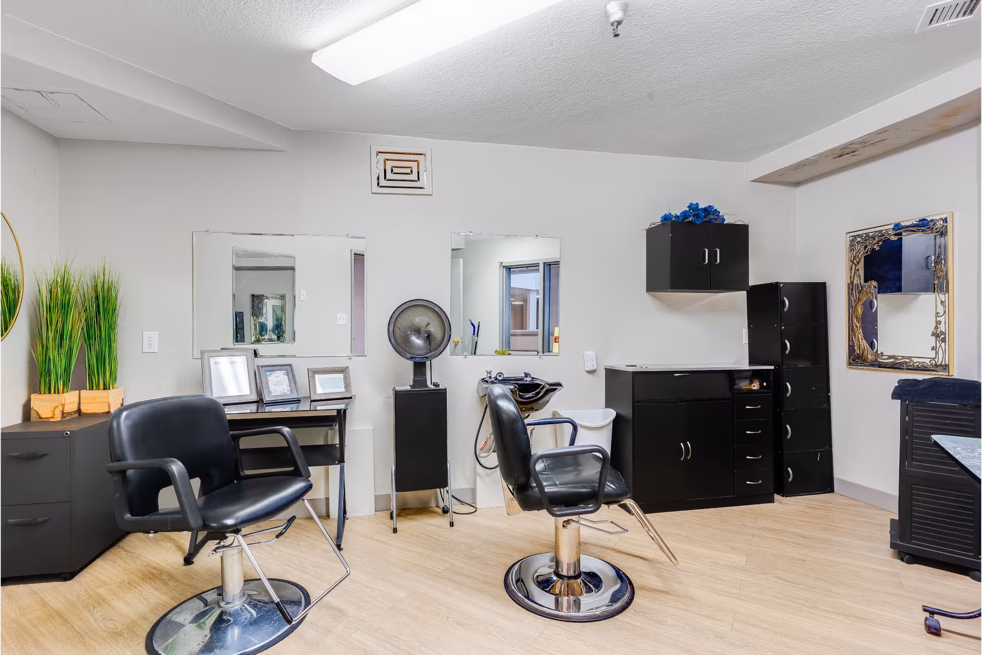 Interior of a salon area with two black salon chairs, mirrors on the wall, a hair dryer, and black cabinets. The room has light wood flooring and white walls, with some decorative plants and framed pictures on a small table.