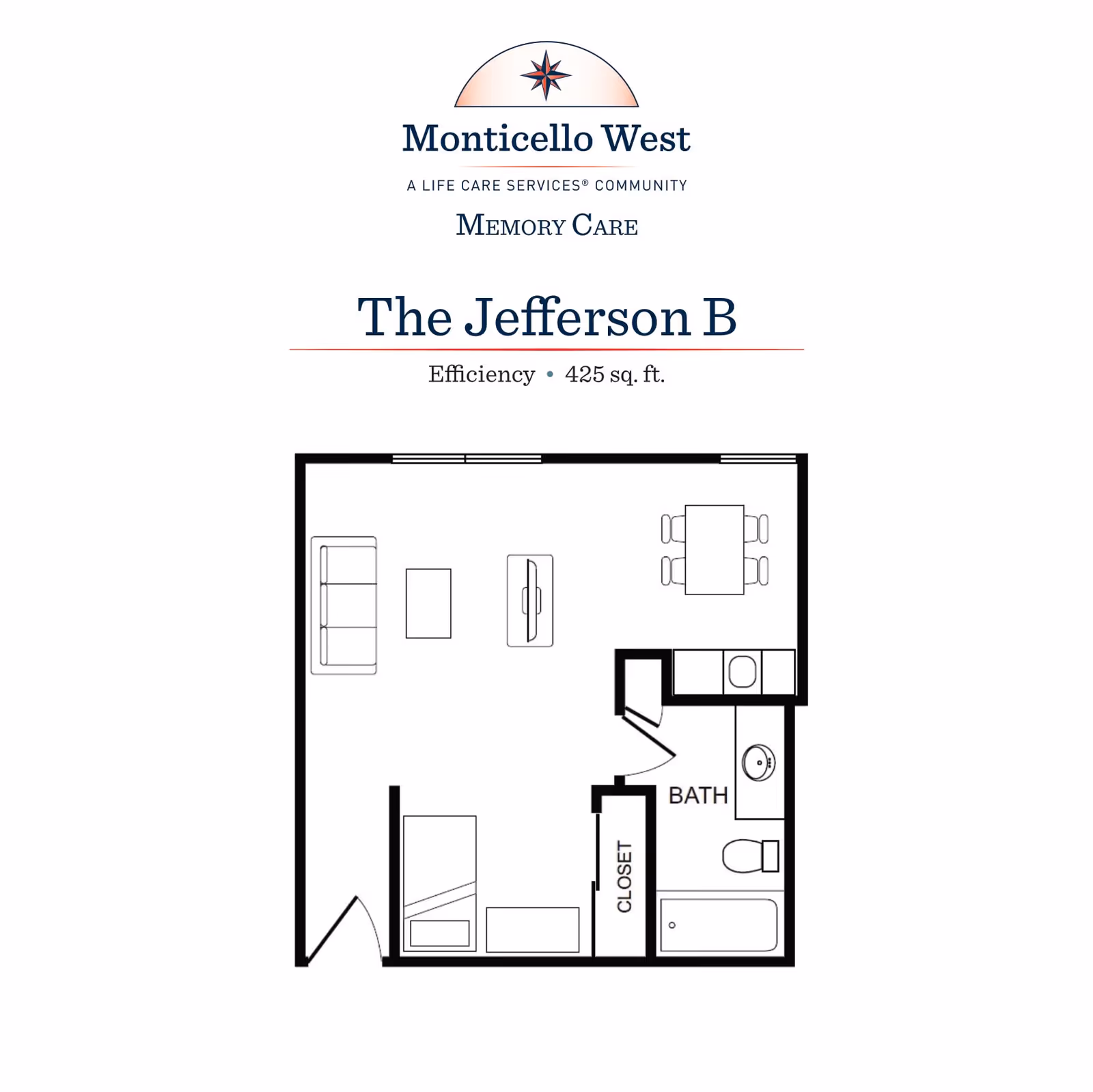 Floor plan layout of The Jefferson B efficiency apartment at Monticello West Memory Care, showing a combined living and dining area, a bathroom, a closet, and a sleeping area within 425 square feet.