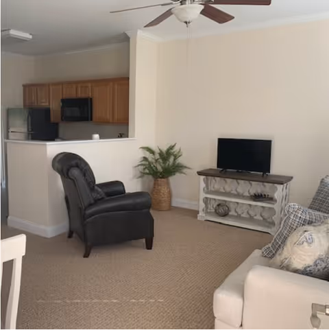A cozy living room area with a beige carpet, a black leather armchair, a beige sofa with patterned pillows, a small TV on a decorative white wooden stand, and a ceiling fan with lights. In the background, there is a kitchen area with wooden cabinets, a black microwave, and a refrigerator. A potted plant is placed near the corner between the living room and kitchen.