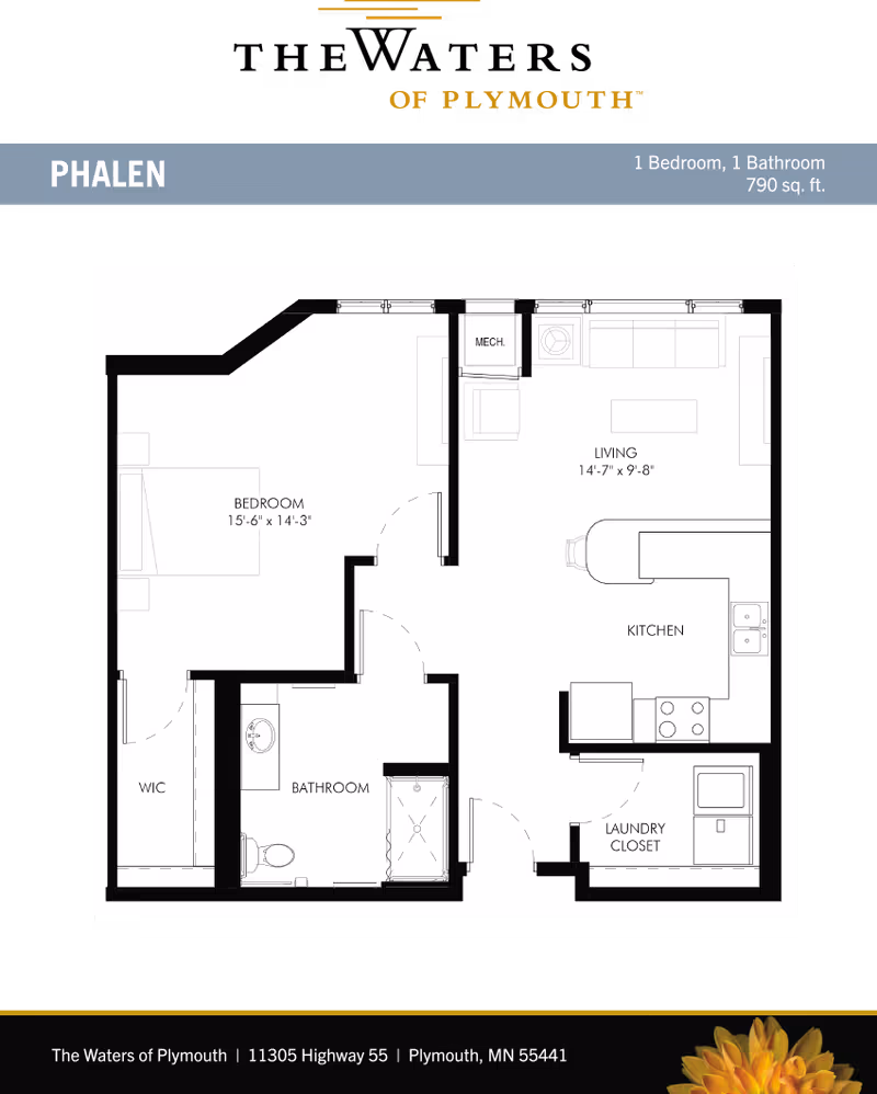 Floor plan layout of a one-bedroom, one-bathroom apartment named Phalen at The Waters of Plymouth, showing dimensions and labeled areas including bedroom, bathroom, living room, kitchen, laundry closet, and walk-in closet.