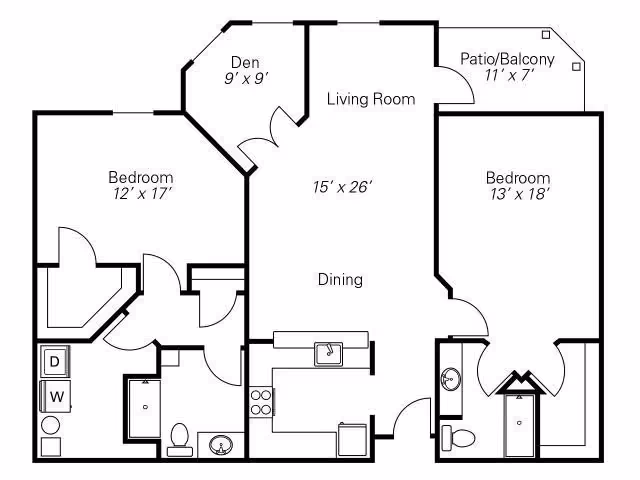 Floor plan of a residential unit at Springwood Westerville showing two bedrooms, a den, living room, dining area, kitchen, two bathrooms, and a patio/balcony.