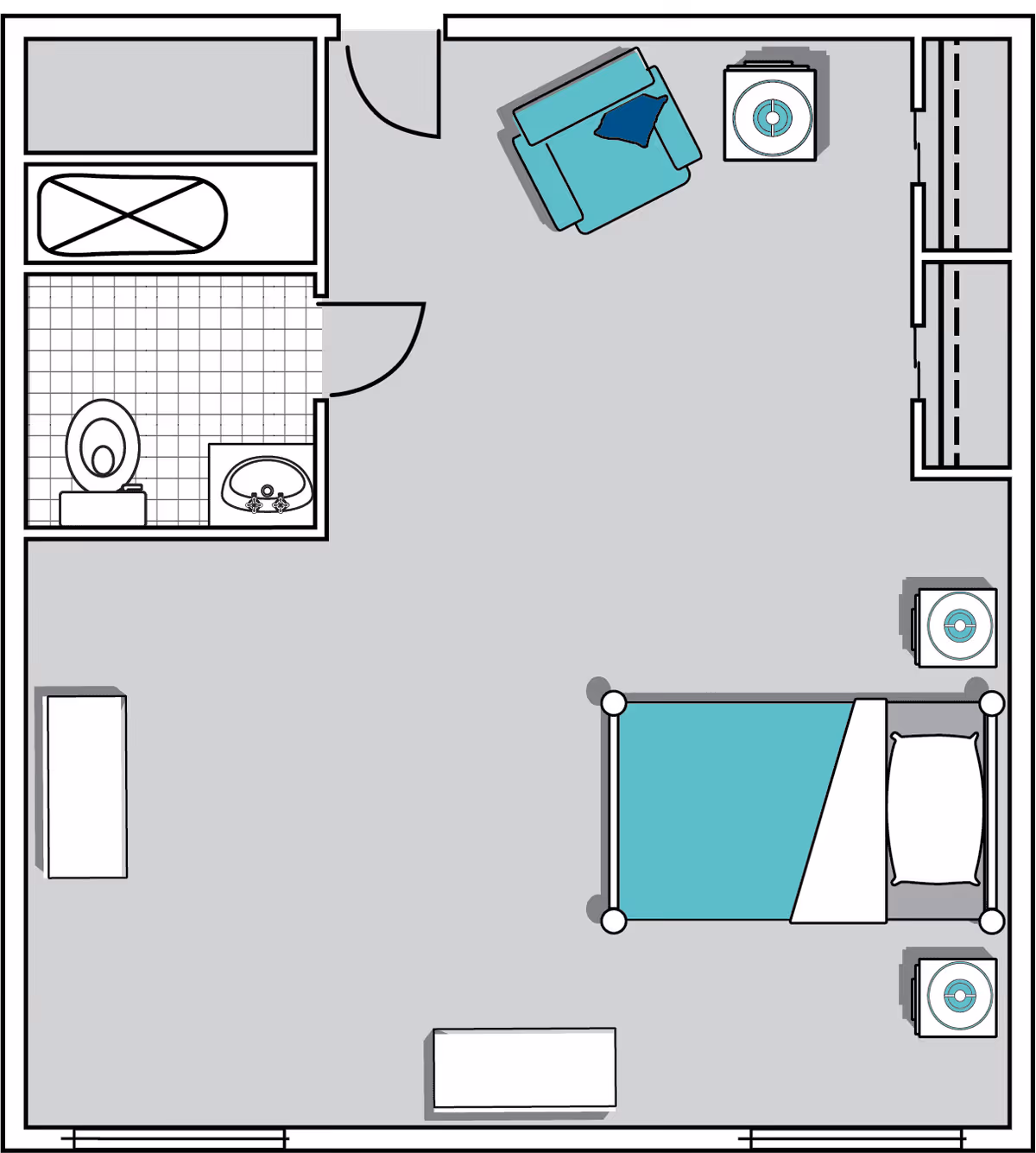 Floor plan of a senior living unit at Oaks at Acworth showing a bedroom area with a bed, two nightstands, a chair with a pillow, and a dresser. The unit also includes a bathroom with a toilet, sink, and bathtub.
