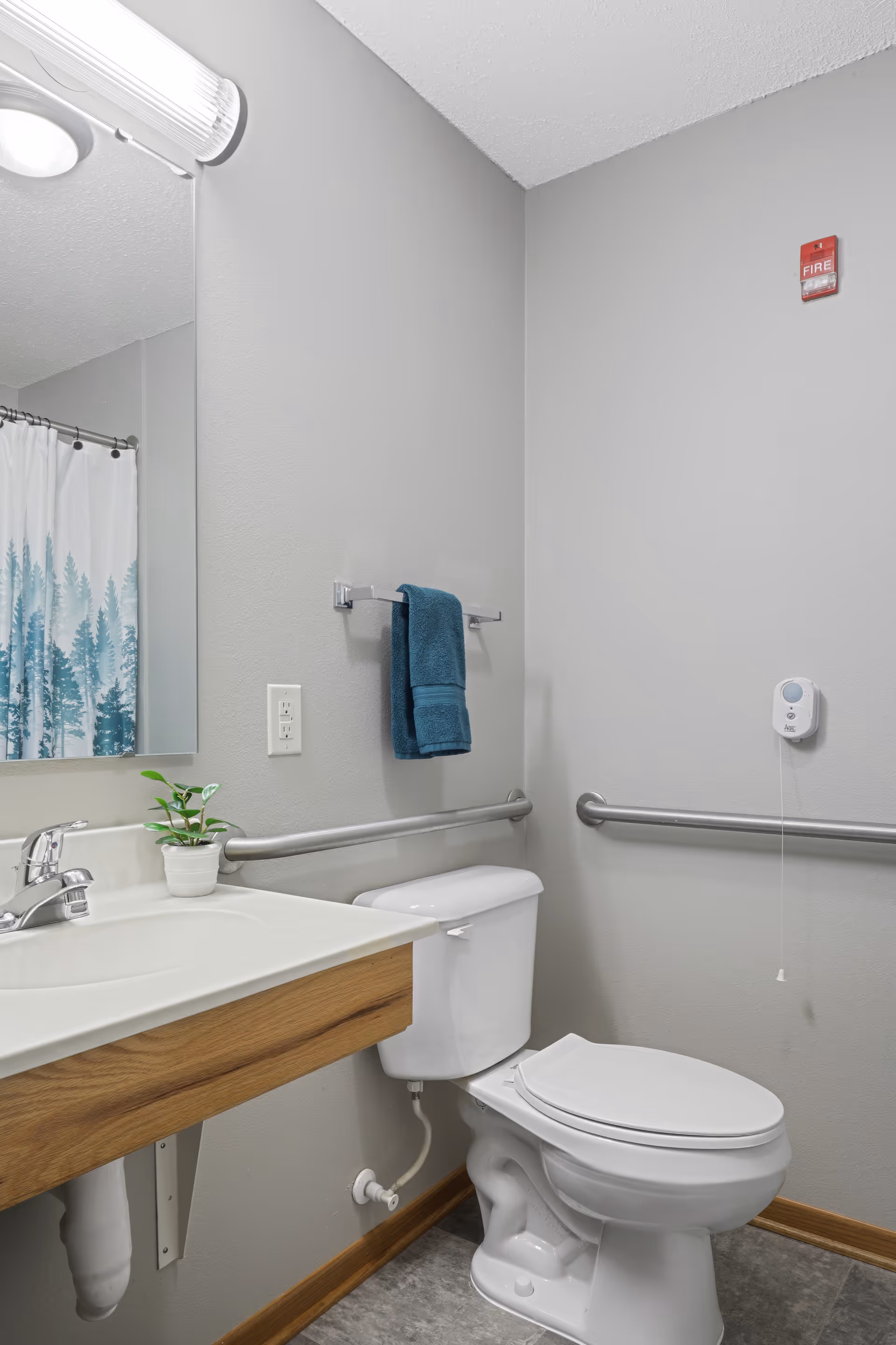 Small accessible bathroom featuring a toilet, wall-mounted grab bars, a sink with wooden vanity, a towel, and a shower curtain.