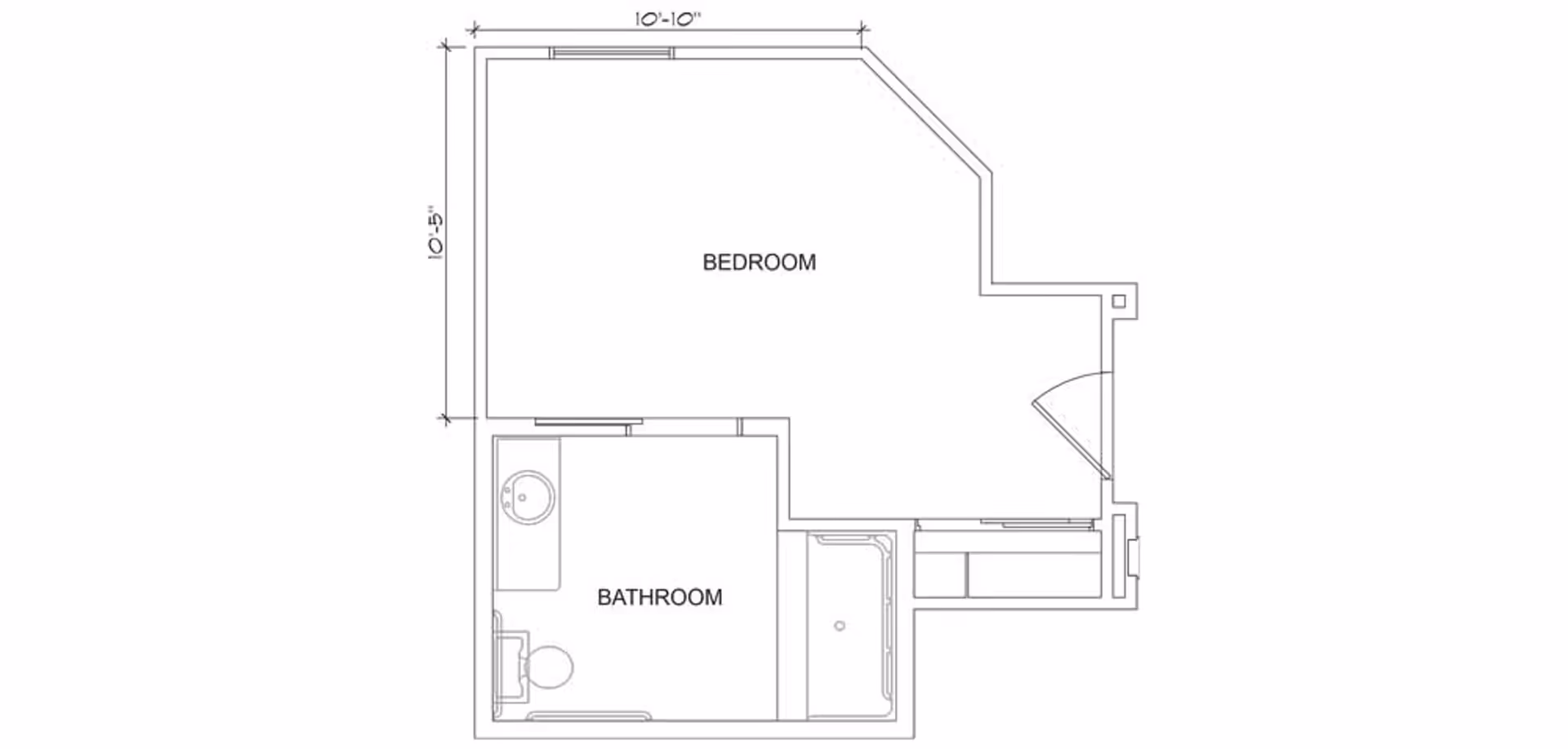 Architectural floor plan showing a layout with a bedroom and an adjacent bathroom. The bedroom measures approximately 10 feet 10 inches by 10 feet 5 inches. The bathroom includes a sink, toilet, and bathtub.