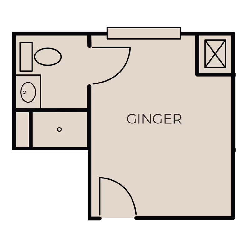Architectural floor plan labeled 'GINGER' showing a room with an attached bathroom including a toilet, sink, and shower.