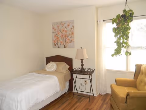 A small bedroom with a single bed, nightstand, lamp, window, hanging plant, and yellow chair.