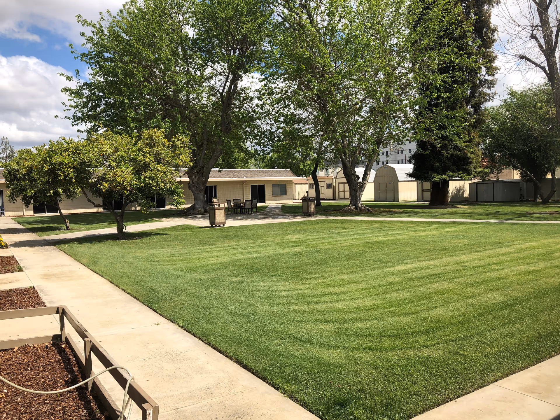 Well-maintained grassy courtyard with sidewalks, trees, outdoor seating, and single-story buildings in the background.