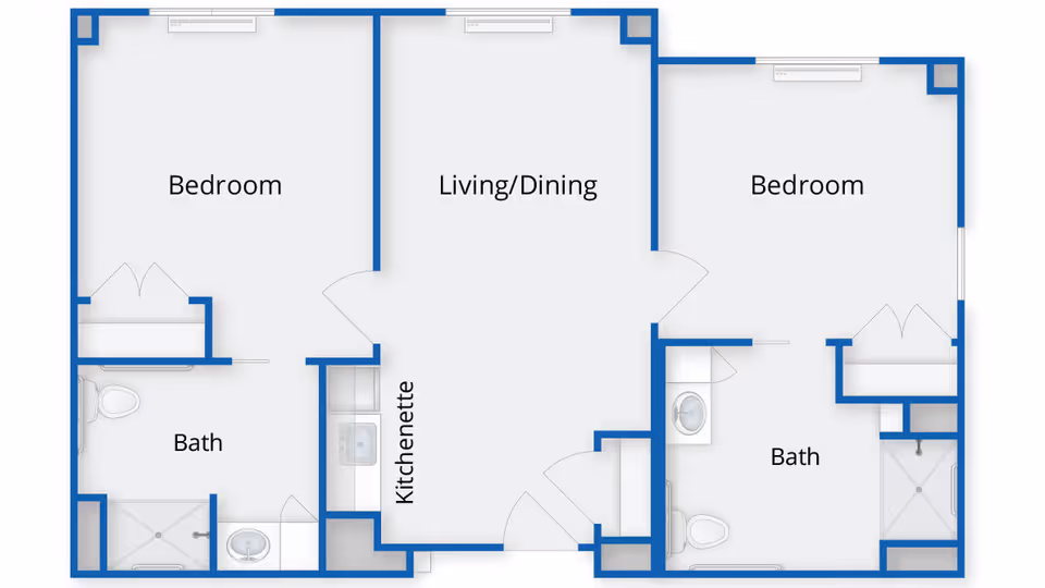 Floor plan of an assisted living unit at Whisper Woods of Smithtown showing two bedrooms, two bathrooms, a living/dining area, and a kitchenette.