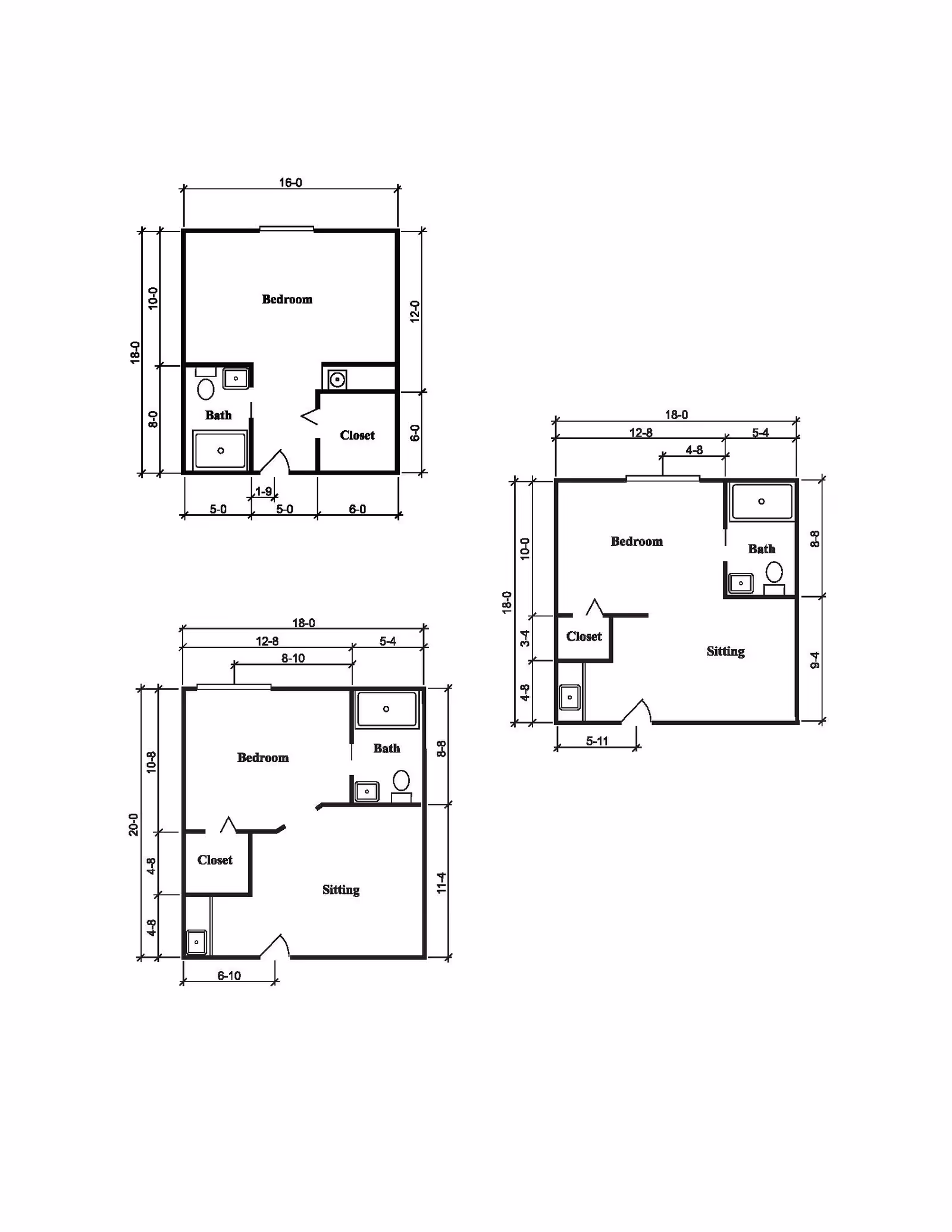 Architectural floor plans showing three different layouts of rooms labeled as Bedroom, Bath, Closet, and Sitting areas with dimensions in feet and inches.