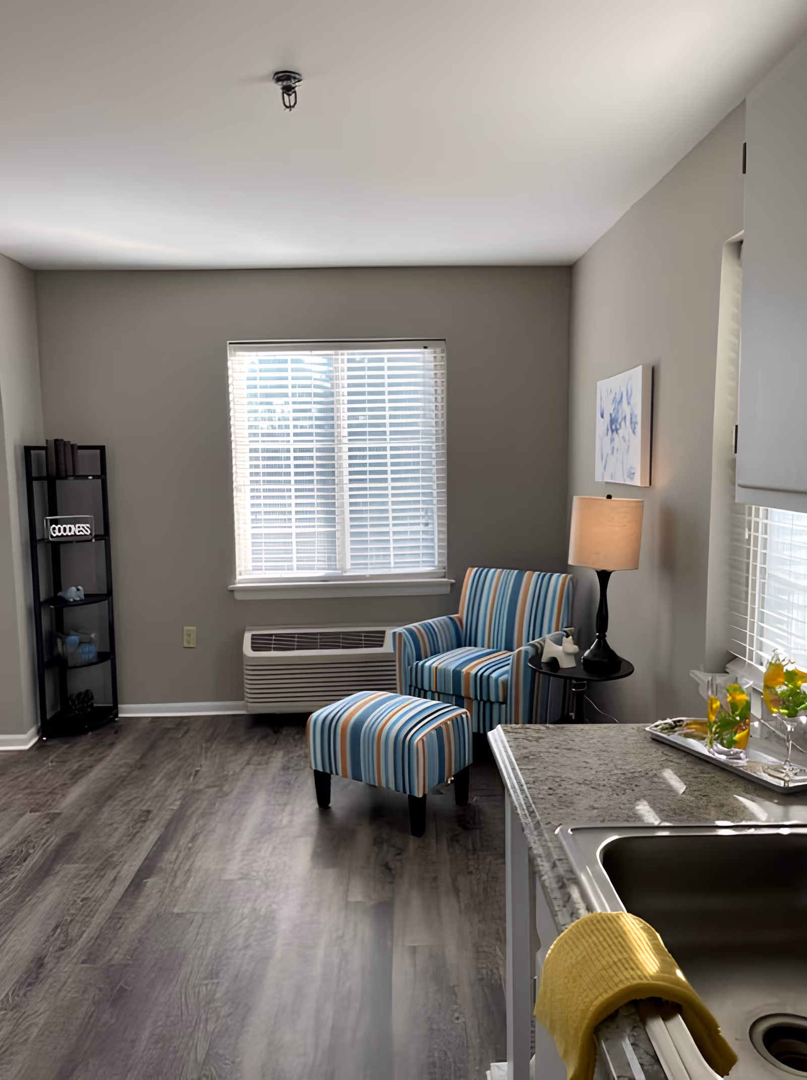 Bright living area with a striped armchair and ottoman by a window and a kitchen sink and counter in the foreground.