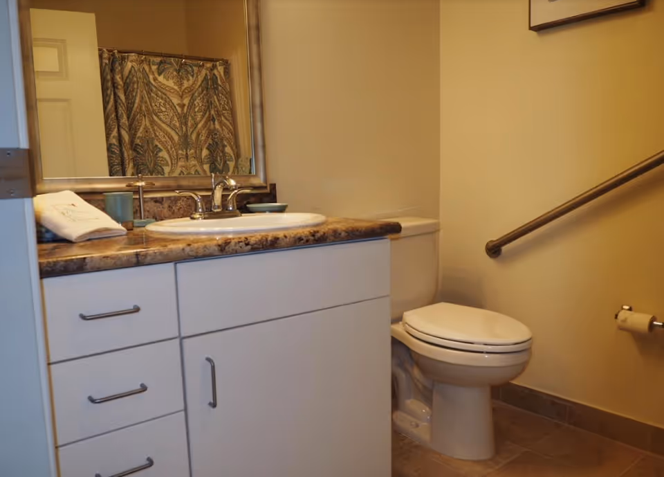 A bathroom with a sink and vanity under a mirror, a toilet with a wall grab bar, and a patterned shower curtain visible in the mirror.