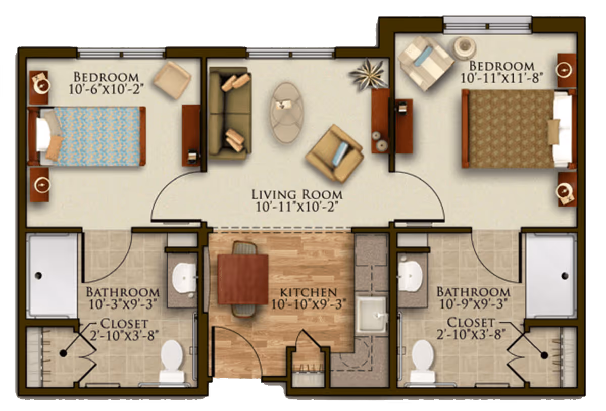 Floor plan of a senior living facility unit at Harmony at Chantilly showing two bedrooms, each with a closet and bathroom, a central living room with seating, and a kitchen with a dining table.