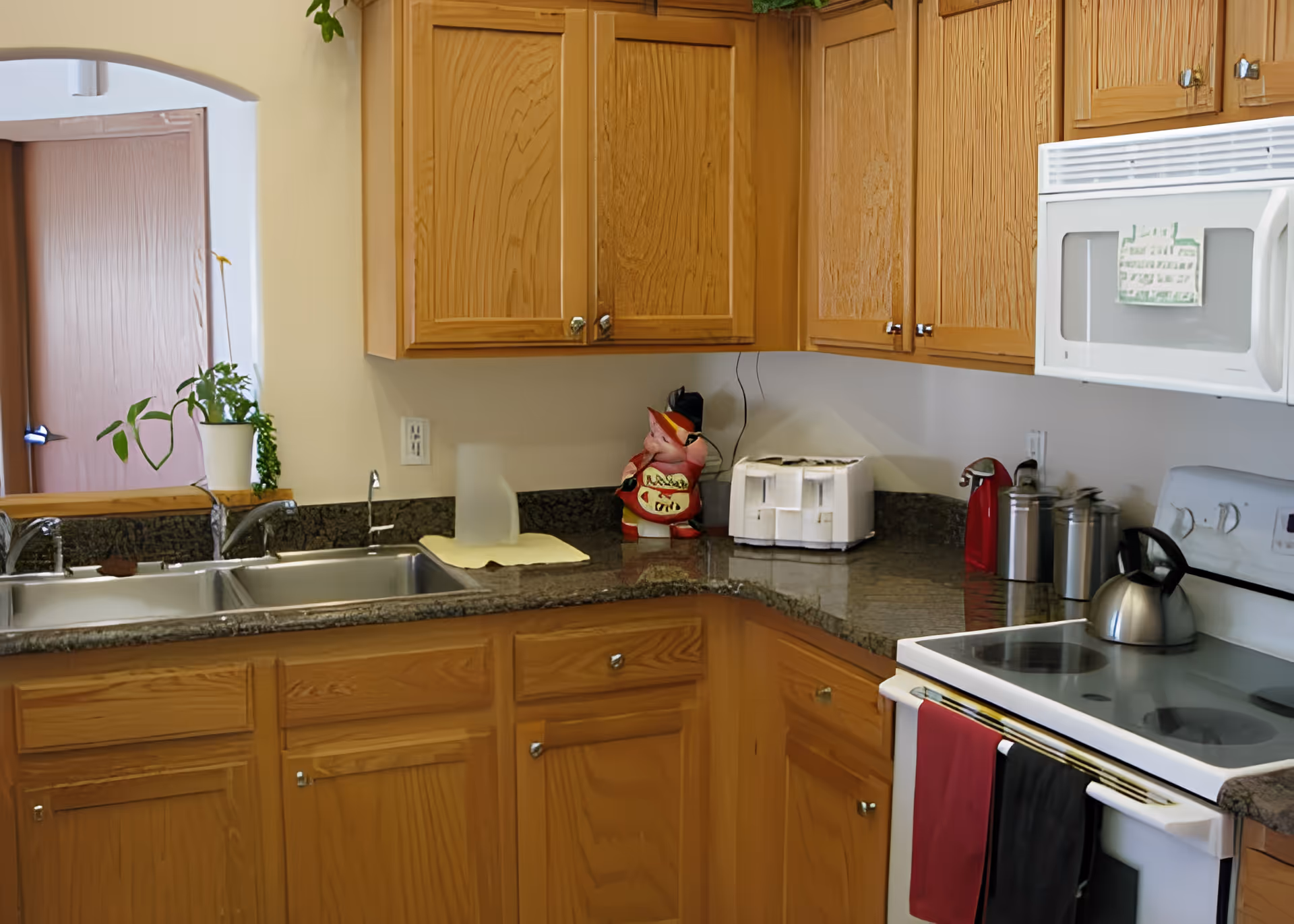 A kitchen with wooden cabinets, a double sink, a granite countertop, a white microwave, and a white electric stove with a kettle on it. There are two towels hanging on the oven handle, a toaster, a red coffee maker, and some canisters on the countertop. A small potted plant is placed near the sink by a window opening to another room.