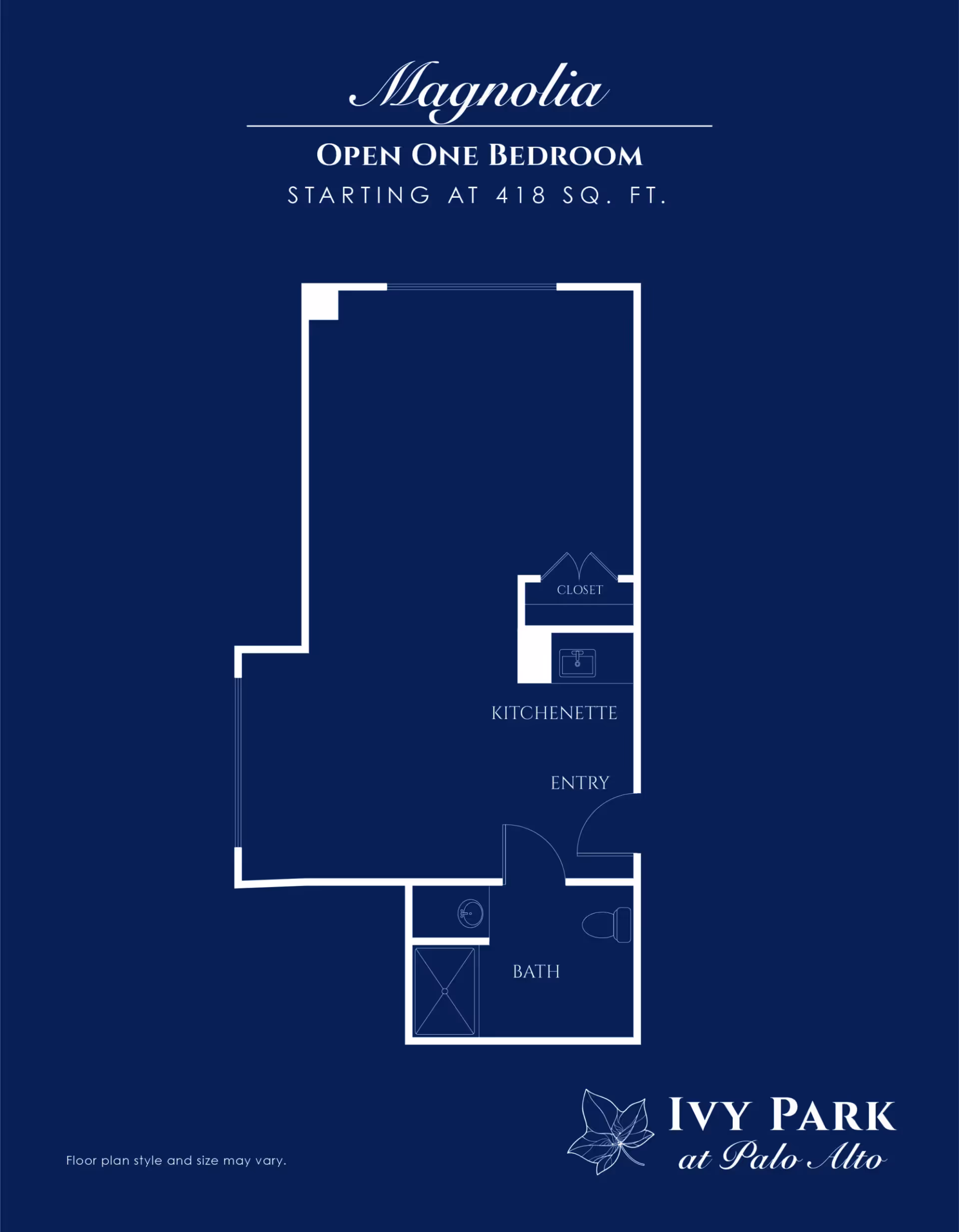 Navy-blue floor plan graphic titled 'Magnolia Open One Bedroom' showing a kitchenette, bath, closet and entry for Ivy Park at Palo Alto.