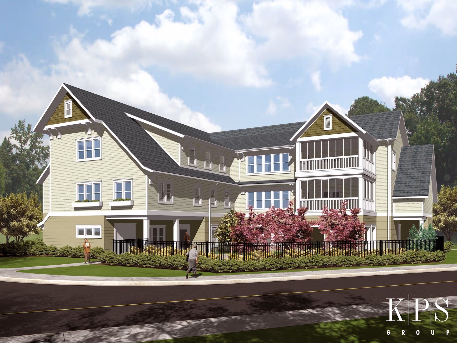 Exterior rendering of a multi-story senior living building with balconies, landscaping, and a sidewalk.