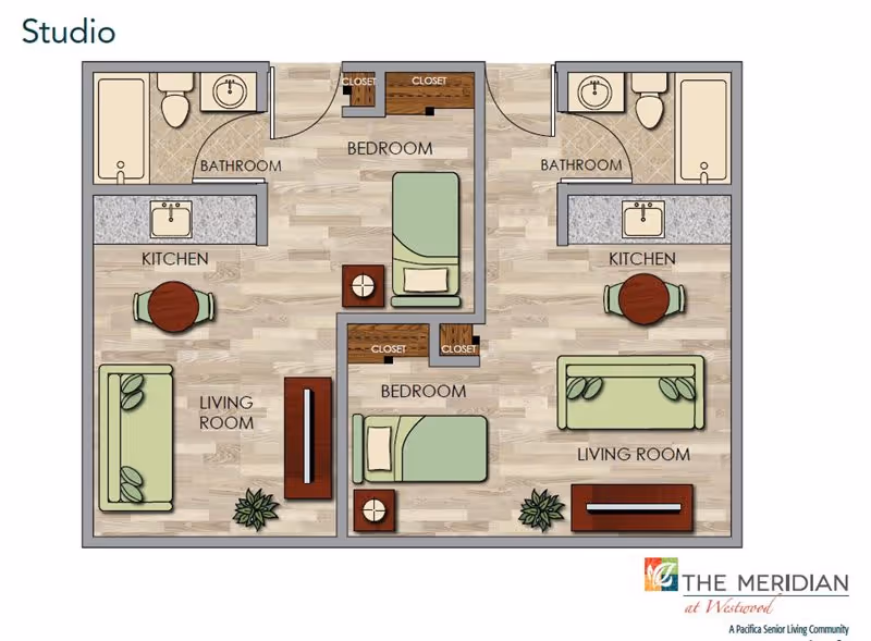 Floor plan of a studio apartment layout showing two mirrored units. Each unit includes a living room with a sofa and TV stand, a kitchen with a round table and two chairs, a bathroom with a bathtub, toilet, and sink, and a bedroom with a single bed, nightstand, and two closets. The image includes the logo and name 'The Meridian at Westwood' at the bottom right corner.