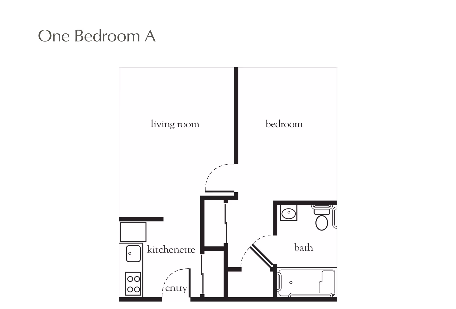 Black-and-white floor plan titled 'One Bedroom A' showing a living room, bedroom, kitchenette, entry, and bath.