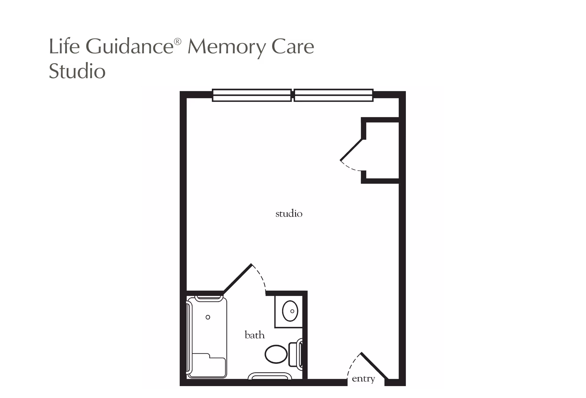 Floor plan layout of a Life Guidance Memory Care studio apartment showing a studio living area, a bathroom with a bathtub, toilet, and sink, and an entry door.