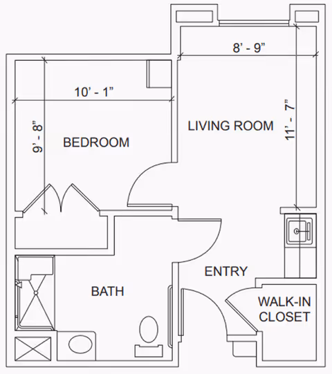 Architectural floor plan showing a layout with a bedroom, living room, bathroom, entry area, and walk-in closet with dimensions noted.