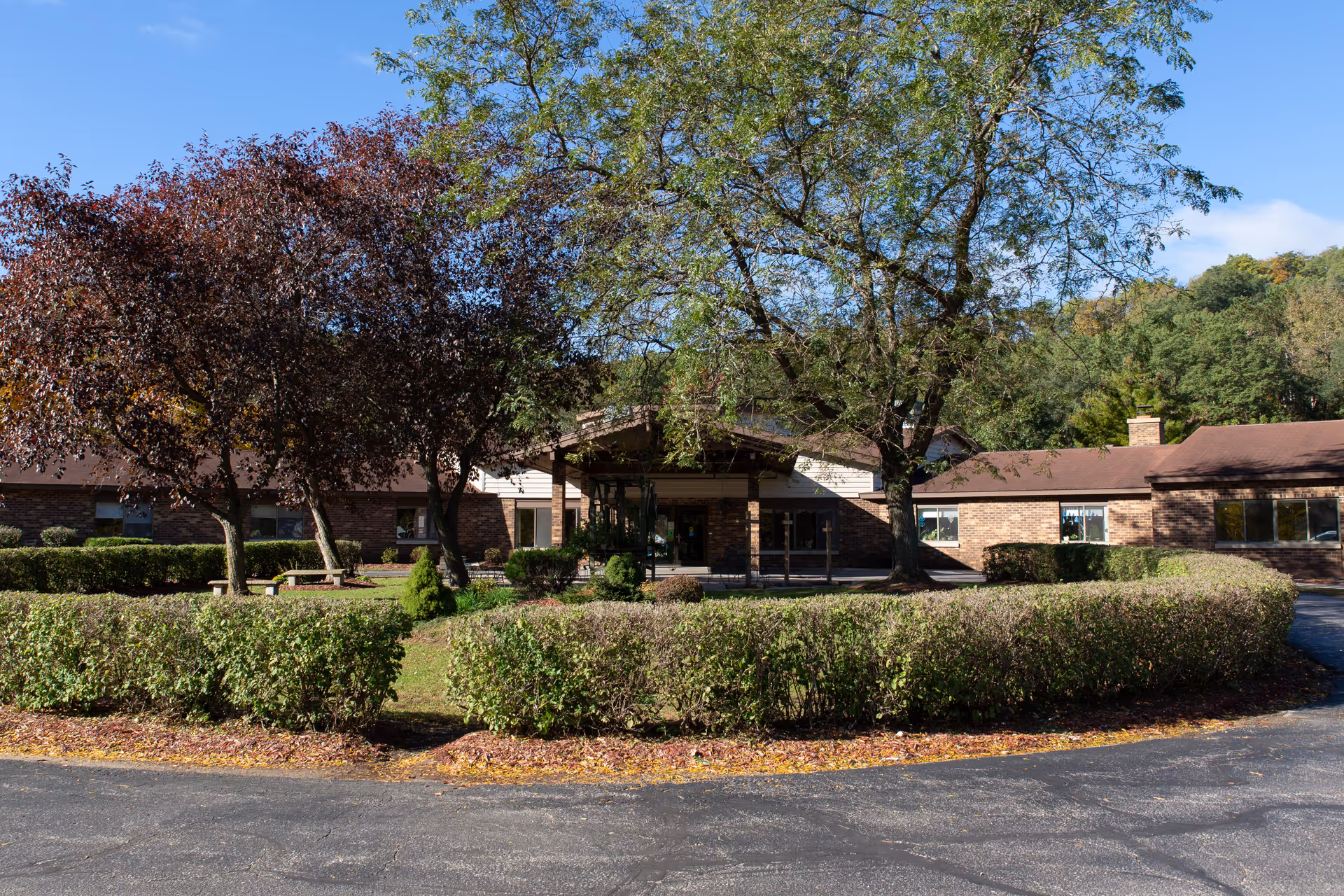 Front exterior view of Soldiers Grove Health Services building with a driveway, trimmed hedges, trees, and a clear blue sky.