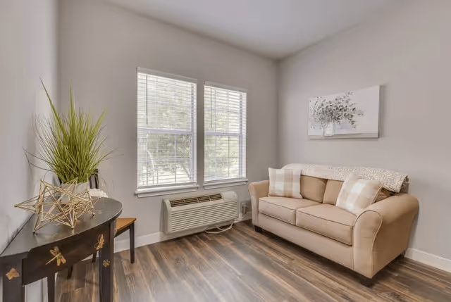 A cozy living room with a beige sofa adorned with two plaid pillows and a light throw blanket. There is a small black console table with decorative items including a plant and a geometric sculpture. Two windows with white blinds let in natural light, and the floor is covered with wood-style laminate.