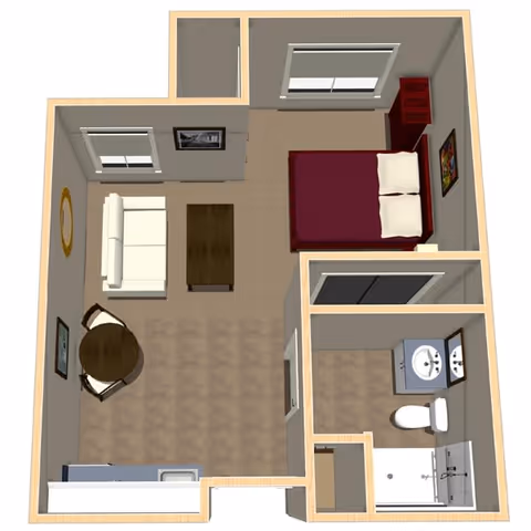 3D overhead floor plan of a studio apartment showing a living/dining area with sofa and table, a bed alcove, kitchenette, and bathroom.